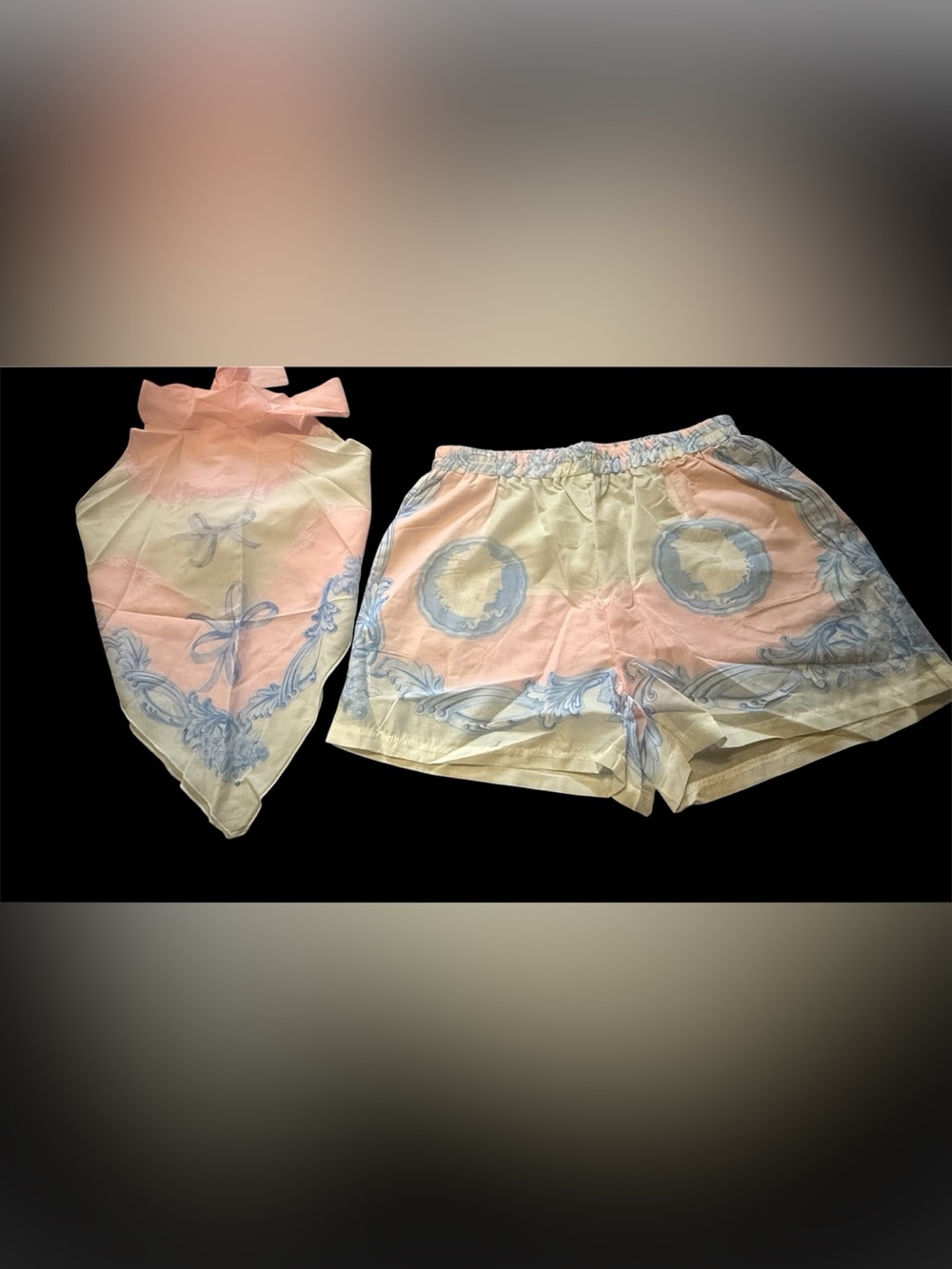 High-Waist Pastel Pink & Cream Shorts with Blue Medallion Print